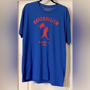 BASEBALLISM CHICAGO, IL EST 2018 Royal Blue SS Tee Front Red Distressed Design